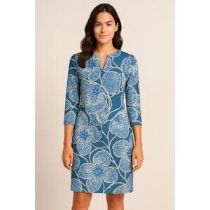 J.McLaughlin Dress Womens XS Blue Floral Sheath Stretch 3/4 Sleeve Knee Length